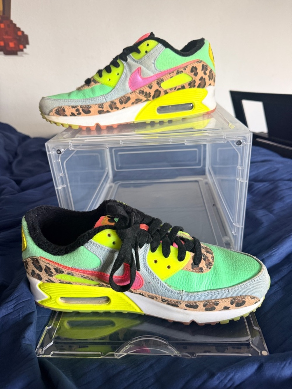 Nike Neon Green & Leopard Print Sneakers with Pink Swoosh